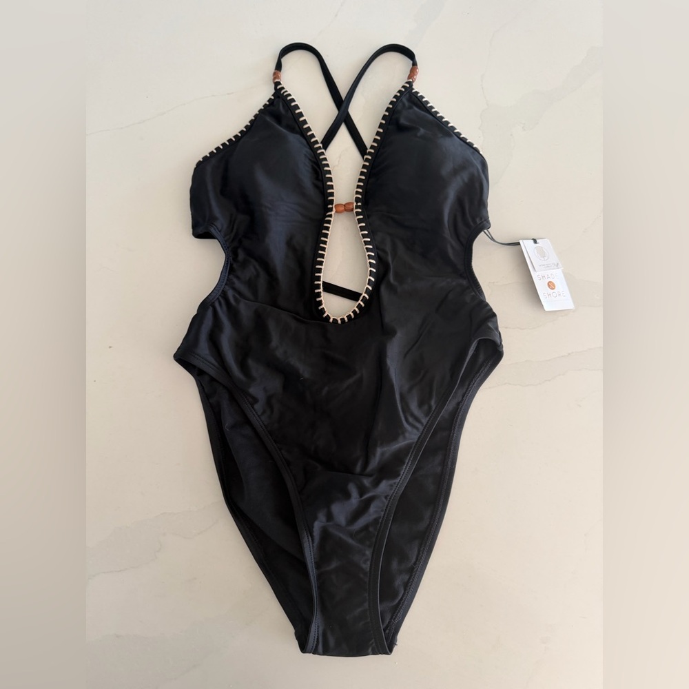 NWT | Shade & Shore | Plunge Bead Detail Extra High Leg One Piece Swimsuit | S - Picture 3 of 6